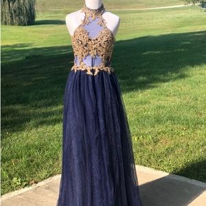 Gold and navy ball gown